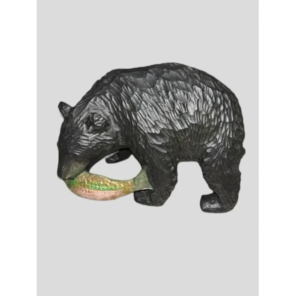Wood Bear Figurine with Fish Collectible Sculpture  antique